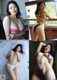 A series of photos of a woman in lingerie posing on a bed.