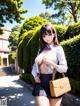 A woman in a school uniform is holding a purse.